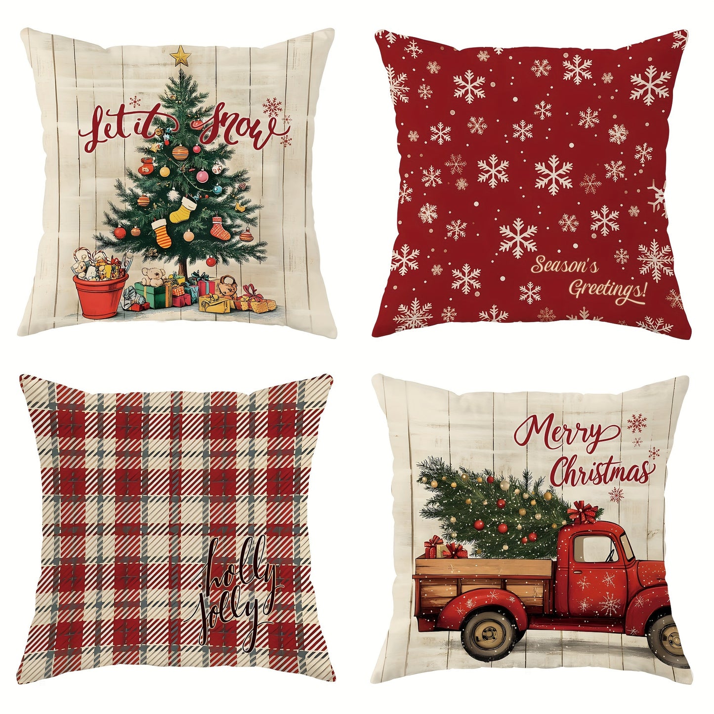 4pcs Set, Christmas Tree Snowflake Truck Buffalo Plaid Pillow Covers, Farmhouse Rustic Red Green Cozy Soft Decorative Pillowcases, Single-Sided Print, Christmas Winter Living Room Bedroom Sofa Bed Decor, No Insert