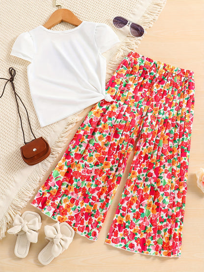 Girls' Fashion 2pcs Set, Cartoon Print Crew Neck T-Shirt & Pleated Polka Dot Pants, Casual Summer Outfit, Polyester & Spandex, Knit Fabric, Regular Fit - HWMFSNHFZ, for Outdoor