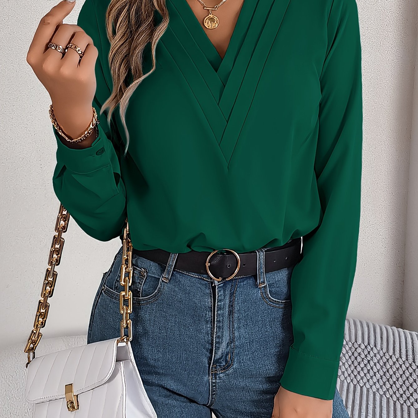 Women'S Elegant V-Neck Long Sleeve Shirt, Solid Color Polyester Blouse with Triple V-Cut, 95% Polyester 5% Elastane, Woven Fabric, 120g/m², for Spring/Summer/Fall - Adult