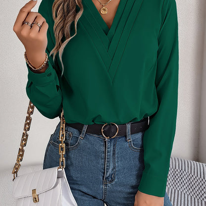 Women'S Elegant V-Neck Long Sleeve Shirt, Solid Color Polyester Blouse with Triple V-Cut, 95% Polyester 5% Elastane, Woven Fabric, 120g/m², for Spring/Summer/Fall - Adult