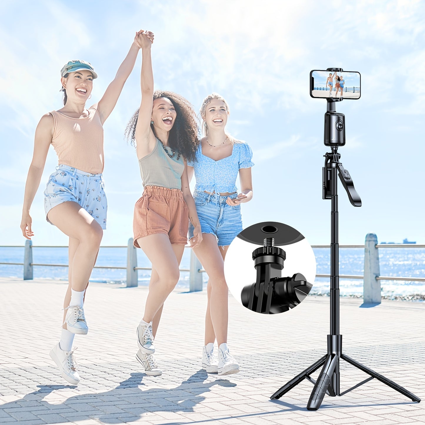 Tripé com seguimento facial automático, sem necessidade de aplicação, suporte para telemóvel com rotação de 360° para rosto e corpo, ideal para vlogs e live streams, bateria recarregável, preto.