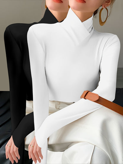 Solid Color Slim Fit Long Sleeve High Neck Pullover T-Shirt Two-Piece Set