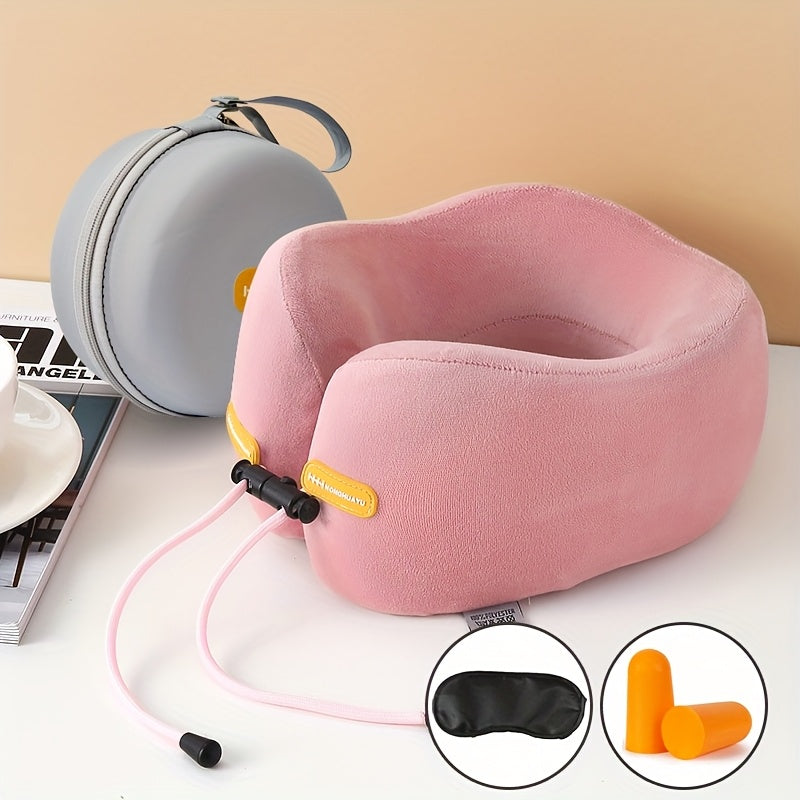 Polyurethane Foam Travel Neck Pillow - Ergonomic U-Shaped Contour Design with Adjustable Strap & 3 Fluffy Earplugs, Medium-Soft Grey Flannel Cover for Airplane, Car, Office & Home Use, Neck Pillow for Travel for Plane, Car Sl