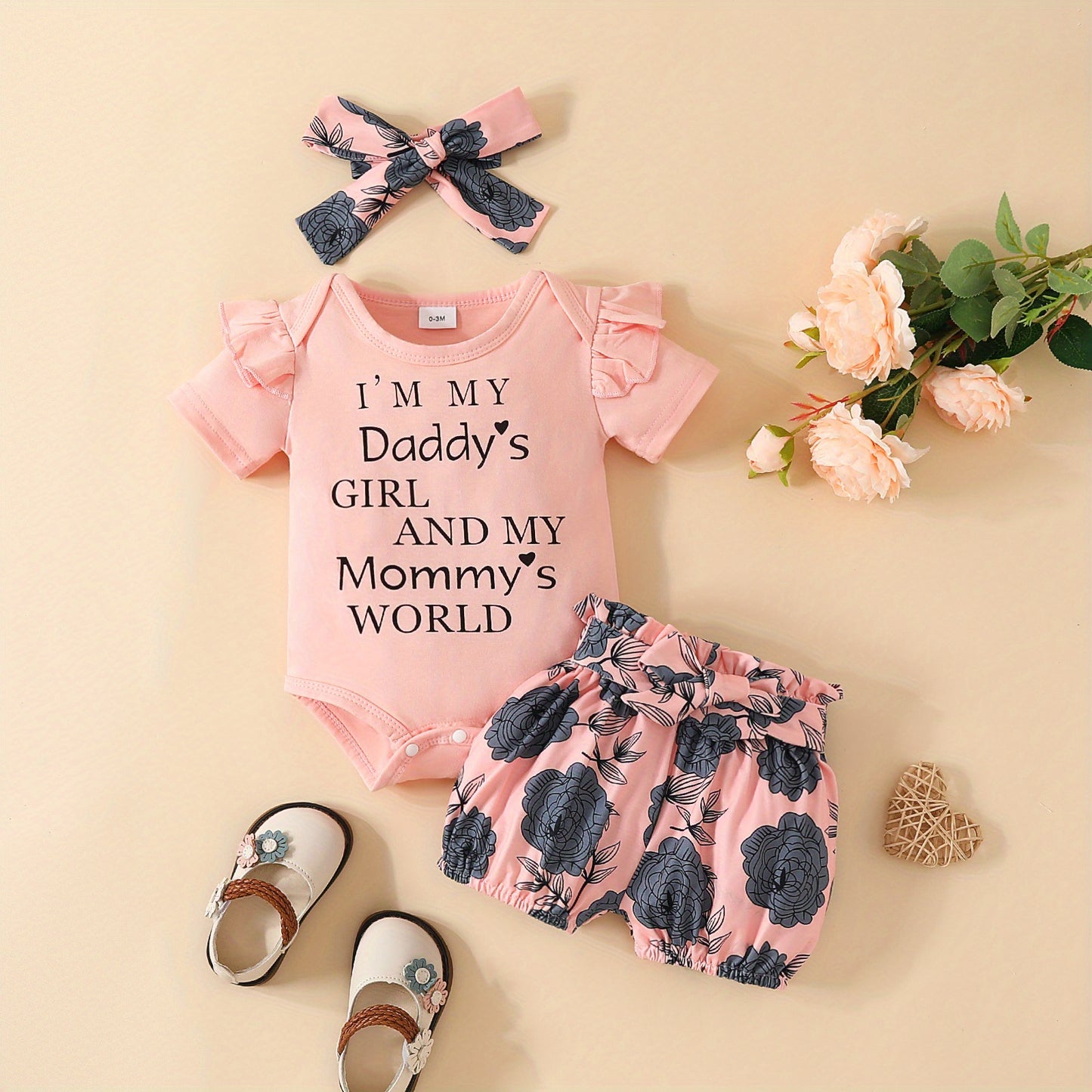 3pcs Short Sleeve &amp; Shorts Set for Newborns - "I'm Daddy's Girl" Letter Print Pants and Headband, Mommy's World Alphabet Kids' Outfit, Perfect for Outdoor