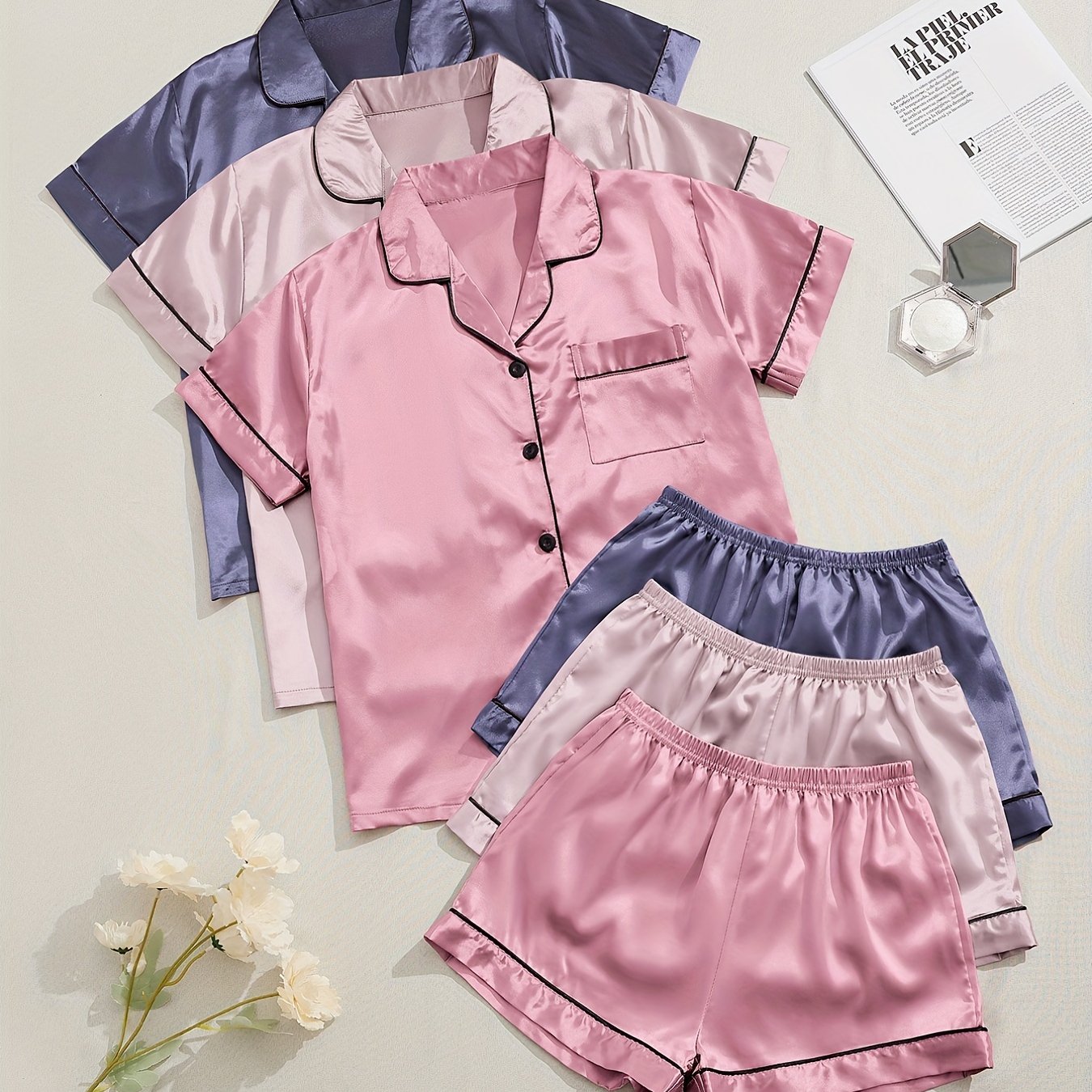 3 Sets Satin Pajama Set, Short Sleeve Lapel Top &amp; Elastic Waistband Shorts, Women's Sleepwear &amp; Loungewear