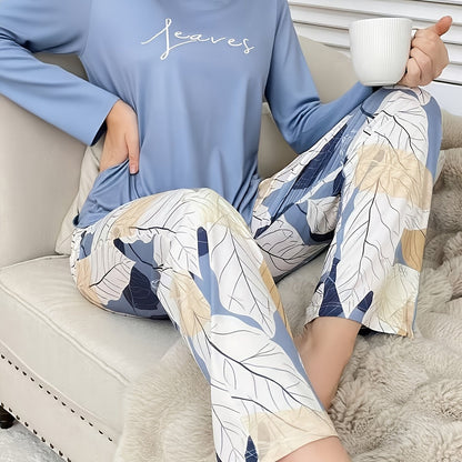 Autumn and Winter Women's Casual Versatile Elegant Letter Print Round Neck Long Sleeve Top and Pants Floral Printed Pajama Set