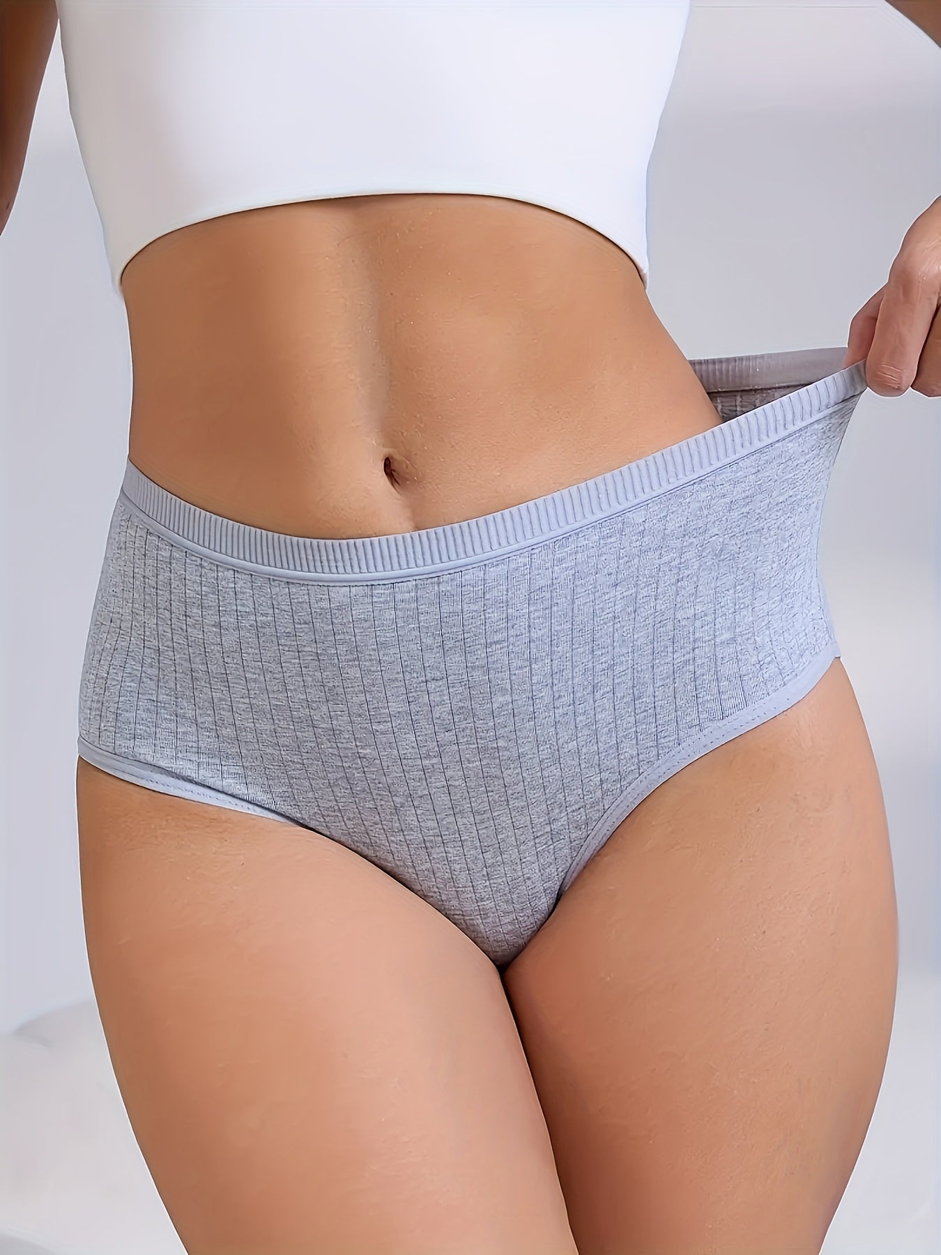 8pcs Solid Seamless Ribbed Briefs, Simple Comfy Breathable Stretchy Intimates Panties, Women's Lingerie & Underwear