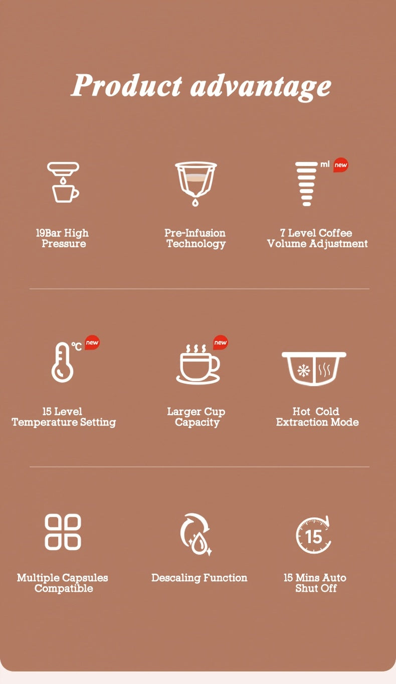 CAFELFFE 4-in-1 Capsule Coffee Machine | 19 Bar Espresso Maker | Smart Temp Control & 7 Preset Brewing Times | Compatible with Nes/DG/ Capsules Ground Coffee/ESEpod | Premium Gift Set for Coffee Lovers & Family, Automatic Esp