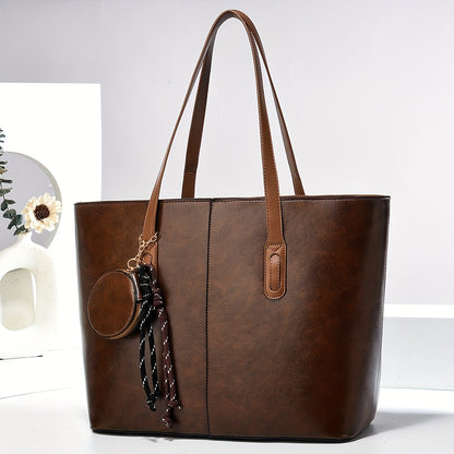 Large Capacity Vintage-Style Synthetic Tote with Fixed Shoulder Strap, Zipper Closure & Polyester - Coffee Brown, Multiple Pockets, Adjustable Shoulder Strap, Hand Washable - Ideal for Everyday Use, Small Purse
