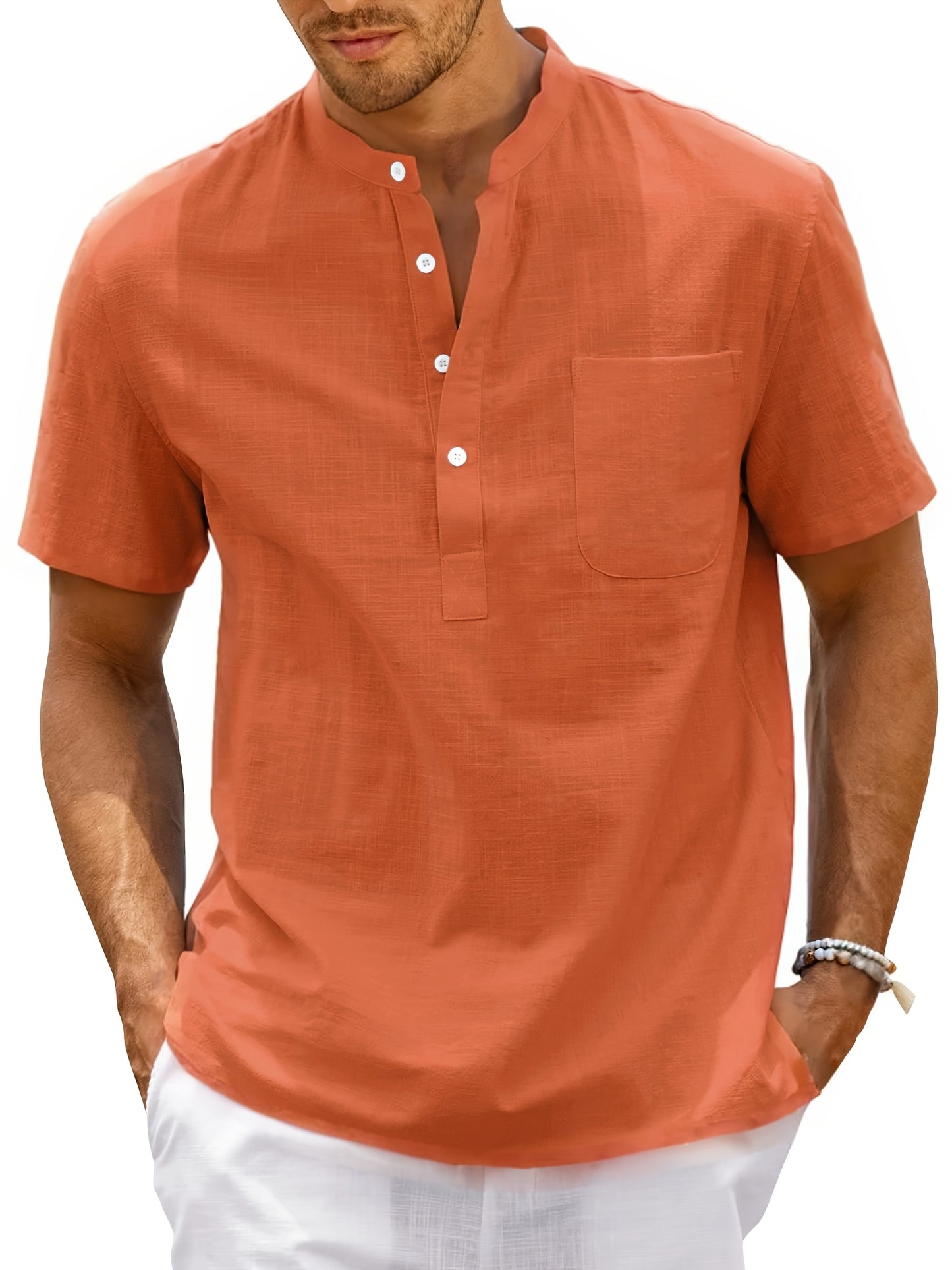 Camisa de homem, gola padre, manga curta, estilo Henley, ideal para o verão, uso casual, negócios e ocasiões formais.