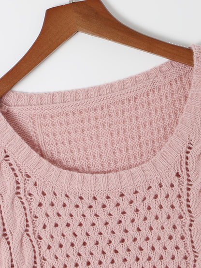 Elegant Pink Knit Sweater Dress for Women - Casual Long Sleeve, Round Neck, Bodycon Midi with Cable Knit Pattern, Perfect for Fall/Winter, 100% Polyester