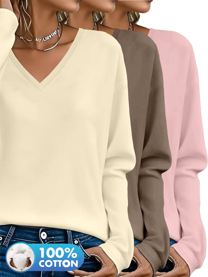 3pcs Women'S 100% V-Neck Long Sleeve T-Shirts - Soft, Durable, and Comfortable Casual Wear for All Seasons, Perfect for Holidays, Graduations, and Everyday Style, Everyday Comfort Wear | Minimalist Style | Soft Fabric Tee