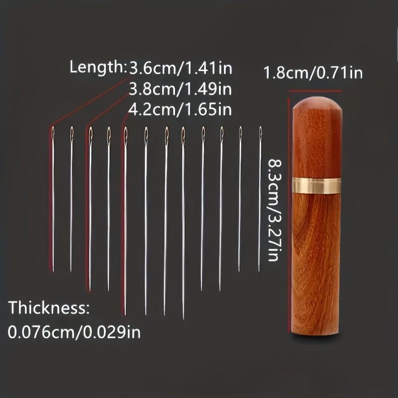 Self threading needle set, various sizes, wooden storage tube, easy insertion for the elderly, hand sewing, bed sheets, clothes and embroidery