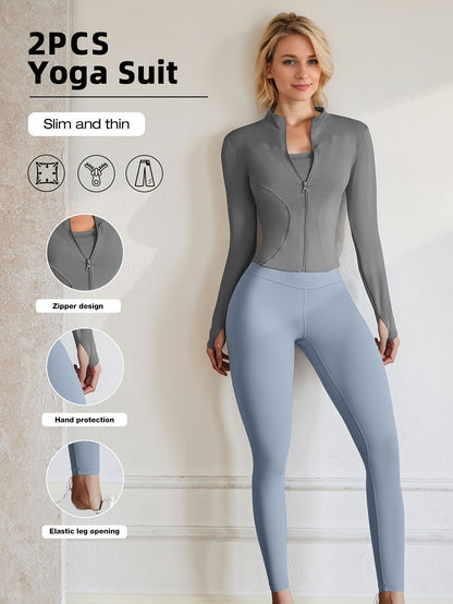 European Code Polyester Fabric Gym Running Clothes Long Sleeve Sports Jacket Cycling and Walking Tightening Buttocks Pants Fitness Suit