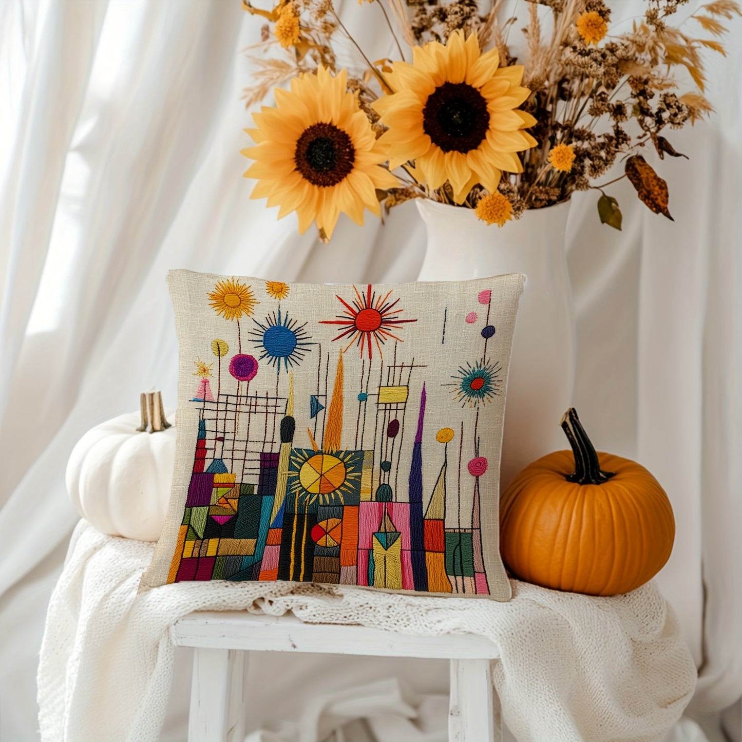 2D printing, 4pcs, abstract pillow set, with beige as the base, featuring elements such as sun and geometric shapes, full of artistic sense, not real embroidery. 45.72*45.72cm, home decoration, suitable for sofas, living rooms