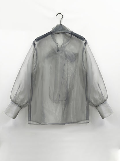 Elegant Plus Size Women'S Blouse with Sexy Bow Collar, Bubble Sleeves, and Pearl Accents - Chic Solid Color Non-Stretch Fabric for All Seasons, Plus Size Blouses