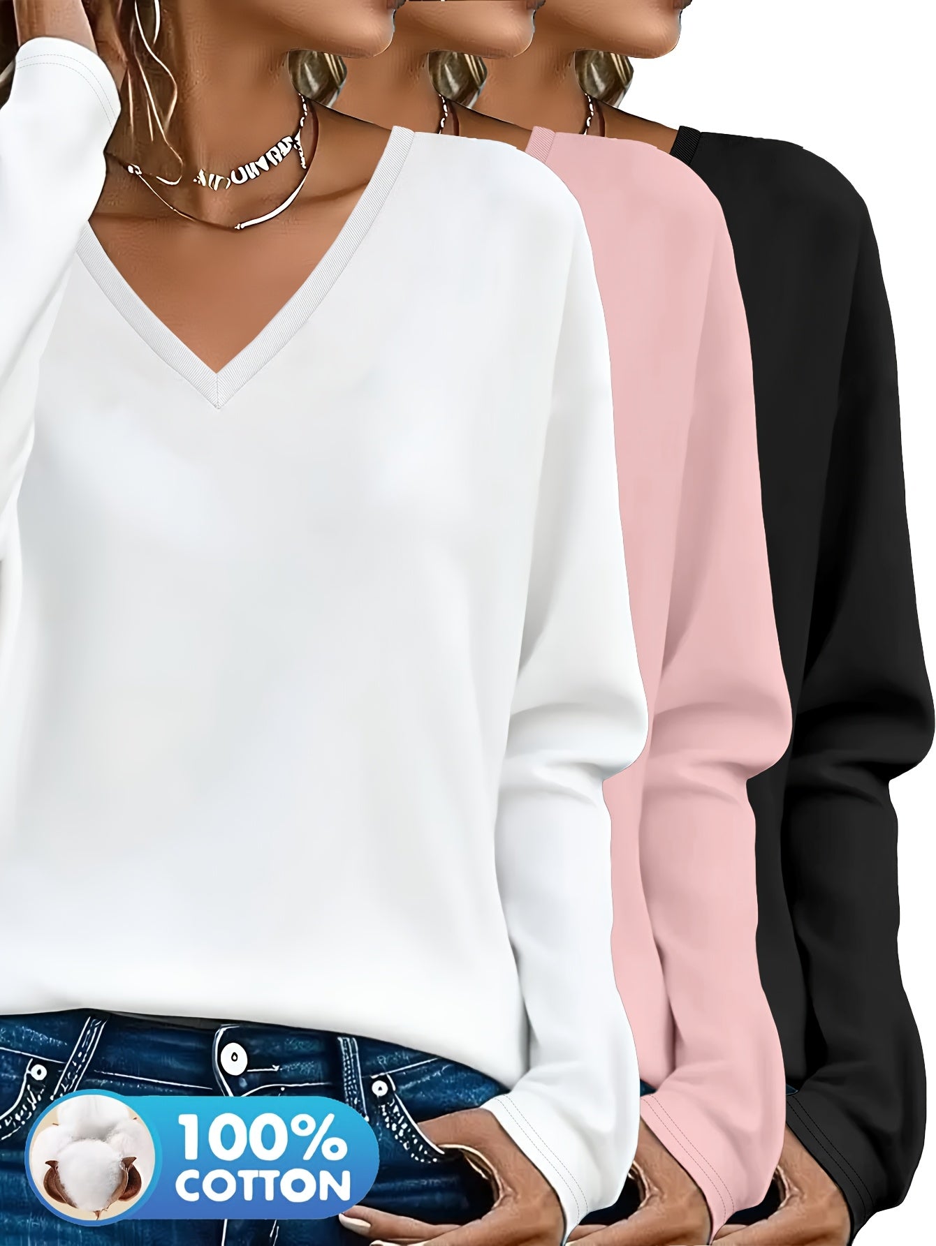 3pcs Women'S 100% V-Neck Long Sleeve T-Shirts - Soft, Durable, and Comfortable Casual Wear for All Seasons, Perfect for Holidays, Graduations, and Everyday Style, Everyday Comfort Wear | Minimalist Style | Soft Fabric Tee