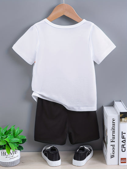 2pcs Set of Boys' Summer Striped Print Round Neck Short Sleeve T-shirt and Casual Shorts