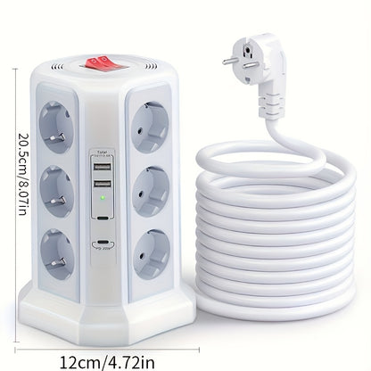 EU Multifunctional Power Tower Plug with 2 USB A Ports And 2 USB C Ports, HAFINO Triple 12-position Multi-socket Power Strip with PD 20W Fast Charging (4000W 16A) for Home And Office Scenarios