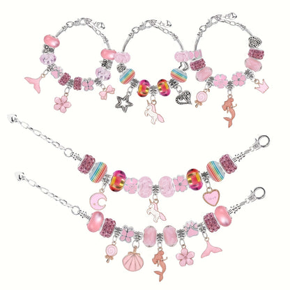 67-Piece DIY Charm Bracelet Bead Kit with Unicorn Mermaid Crafts, Includes 60 Charms, 3 Bracelets, and 3 Necklace Strands, Suitable for Birthday, Christmas, New Year's, Valentine's Day Gifts