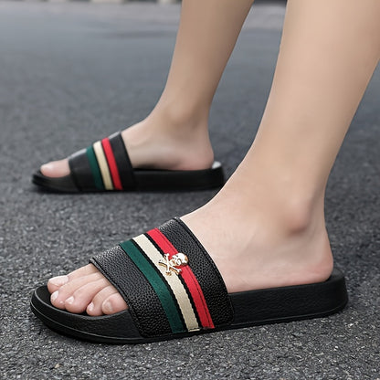 EKBN Men's Slip-Resistant Arch Support Mules - All-Season EVA Slip-On Slippers with Golden Buckle Strap &amp; Black/Red/Green Striped Design, Cushioned Insole for Indoor/Outdoor House Shoes, Casual &amp; Formal Wear - Comfortable &amp; D