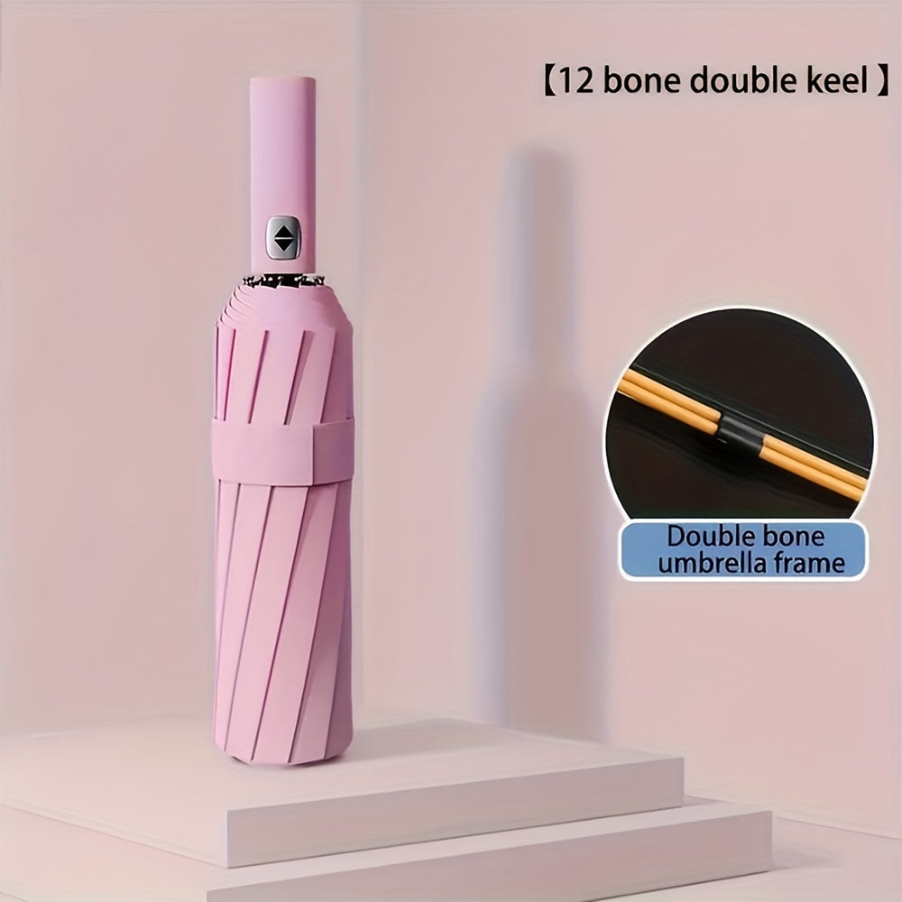 Large Automatic Folding Umbrella - Double Rib Design, Windproof &, 12 Ribs, Compact & Durable, Black with Orange Accents, Dual User Coverage, | Fashion Accessory | High-quality Fabric, Outdoor Umbrella