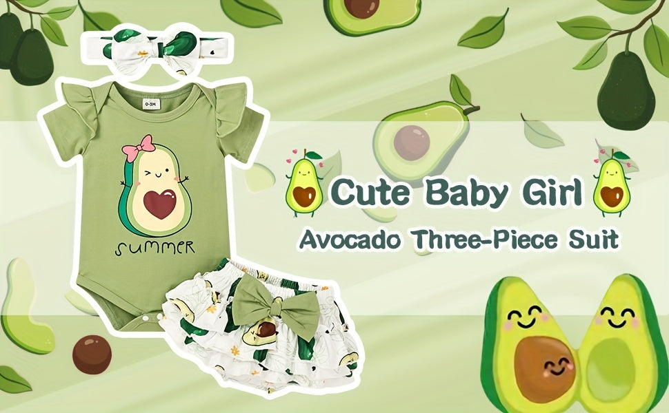 Conjunto de Roupa Infantil para Bebé Menina com Estampado de Abacate: Macacão, Calções e Fita para o Cabelo - 3 Peças - Ideal para o Verão e Atividades ao Ar Livre