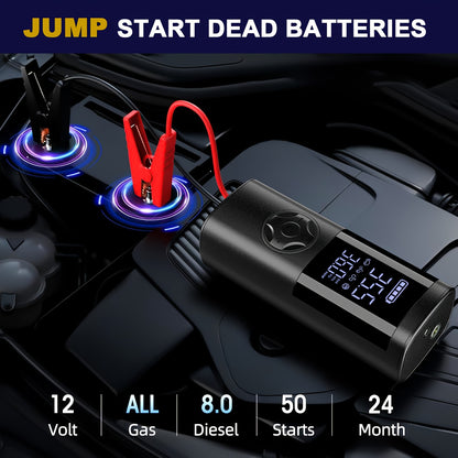 TEMOLA 7-in-1 Emergency Canjumper Starter & Tire Inflator with Digital Display, LED Light, Instant Jump Start, Tire Pressure Detection, Smart Air Compressor, USB Charging, Durable Polymer Battery for Cars, Motorcycles, Bicycl