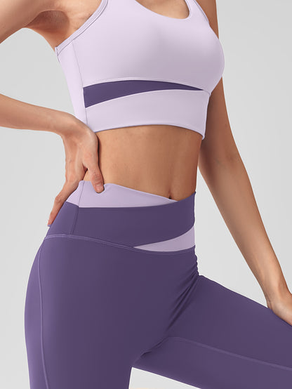 Women's 2-piece sports set with sports bra and leggings, color block design suitable for cycling, fitness, yoga, and running.