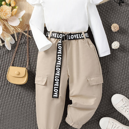 2pcs Baby Girls Ruffle Long Sleeve Round Neck Knitted Top &amp; Cargo Pant Set Kids Outdoor Clothes