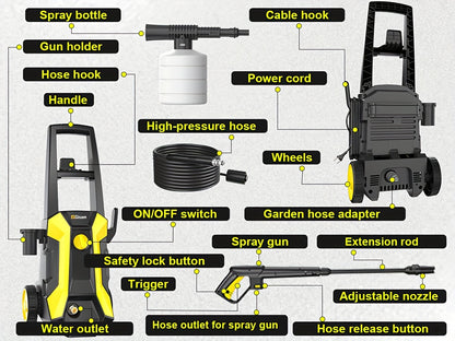 Gisam High-Pressure Washer 2200W 180Bar 480L/H with 8m Hose, Soap Bottle, Foam Nozzle & Lance Gun IPX5 Suitable for Cars/Fences/Gardens/Patios Yellow