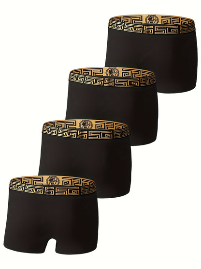 Conjunto de 4 Cuecas Boxer Pretas e Douradas - Viscose Macia e Respirável, Confortável para Uso Diário, Ajuste Slim com Elasticidade, Design em Cor Sólida, Roupa Íntima Casual | Cuecas Boxer | Cuecas Boxer para Oferta