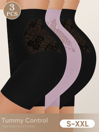 3pcs Women's Tummy Control High Fashion Underwear, Boxer Briefs, Breathable Lace Mesh Safety Pants for Summer and Leg Shaping, Seamless Tummy Underwear, High Waist Panties, Plus Size Women's Panties, High Wa