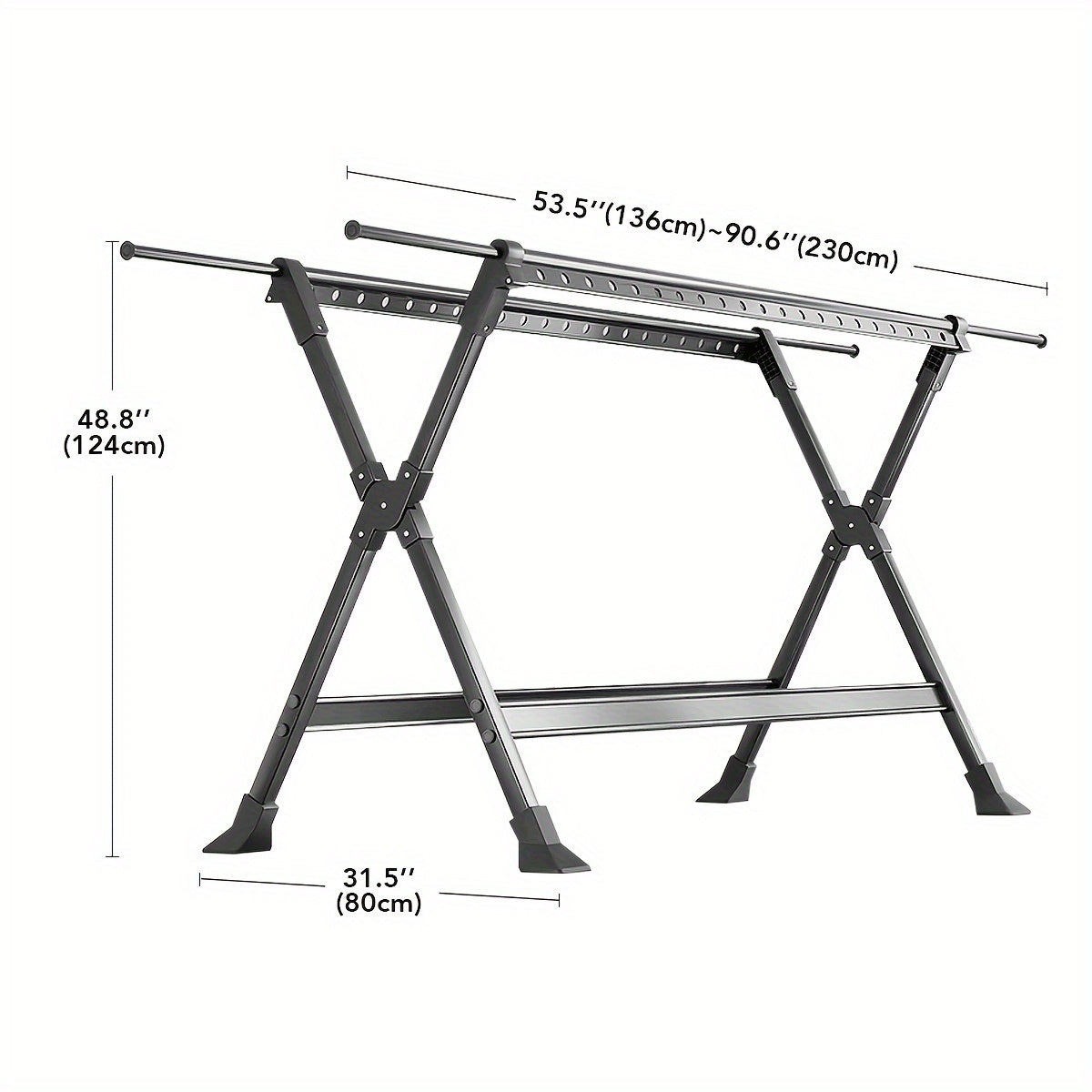 90-Inch Heavy Duty Stainless Steel Clothes Drying Rack with Windproof Hooks, Adjustable Length & 2-Tier Space-Saving Design - Freestanding Telescopic Laundry Rack for Indoor/Outdoor Use, Foldable with Sturdy Base & Top Shelf,