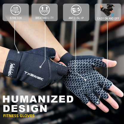 Unisex Fitness Gloves with Full Palm Anti-Slip Silicone, 5mm Cushioned Sponge, Half-Finger Professional Half-Finger Gloves for Outdoor Sports Cycling, Adjustable Wrist Strap, Ergonomic Design, Gym Accessories
