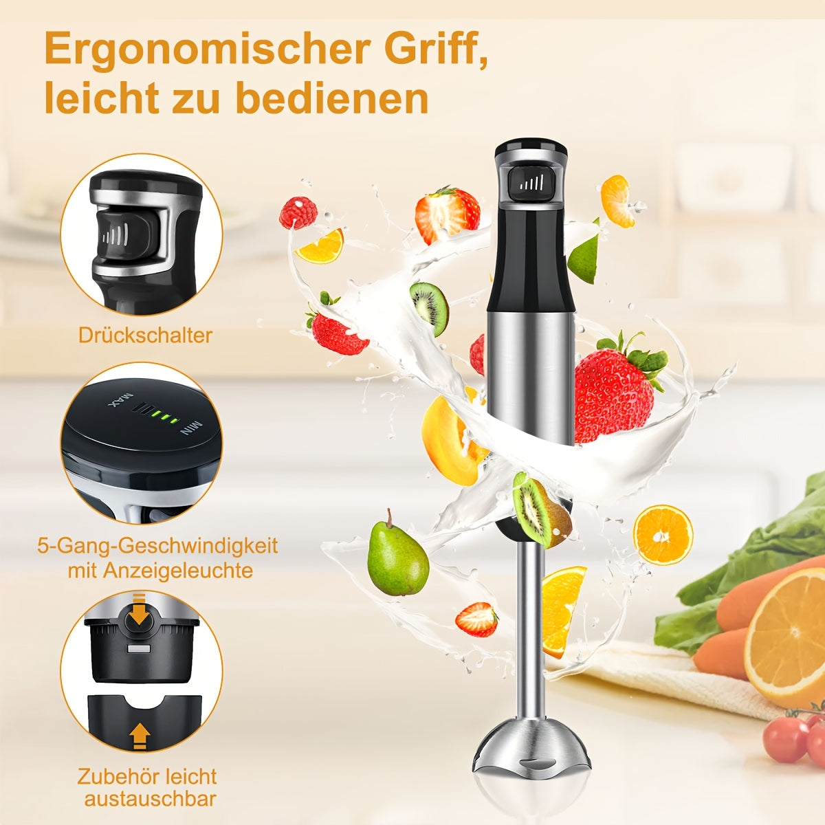 6in 1 Handheld Immersion Blender - Stainless Steel Stick Blender with 5 Speed, Chopper, Whisk And Milk Frother for Meat, Mashed Potatoes And Baby Food