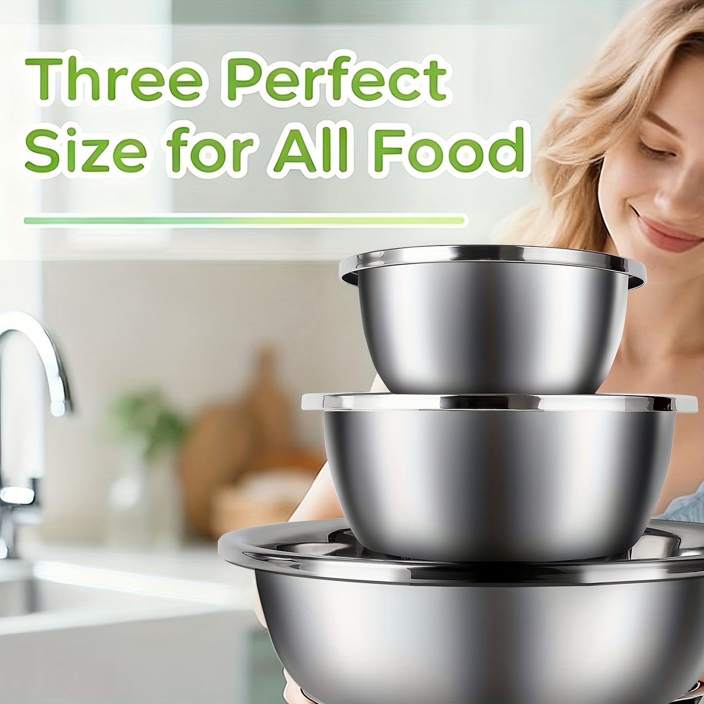 3pcs Stainless Steel Mixing Bowls, Oversized Stainless Steel Kitchen Bowls, Baking And Noodle Bowls, Mixing Salads, Washing Vegetables And Fruits, Soup Bowls, Salad Bowls, Etc. Three Sizes Suitable for a Variety of Scenarios