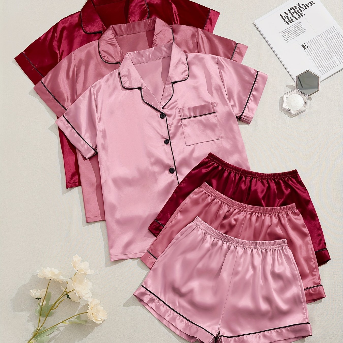 3 Sets Satin Pajama Set, Short Sleeve Lapel Top &amp; Elastic Waistband Shorts, Women's Sleepwear &amp; Loungewear
