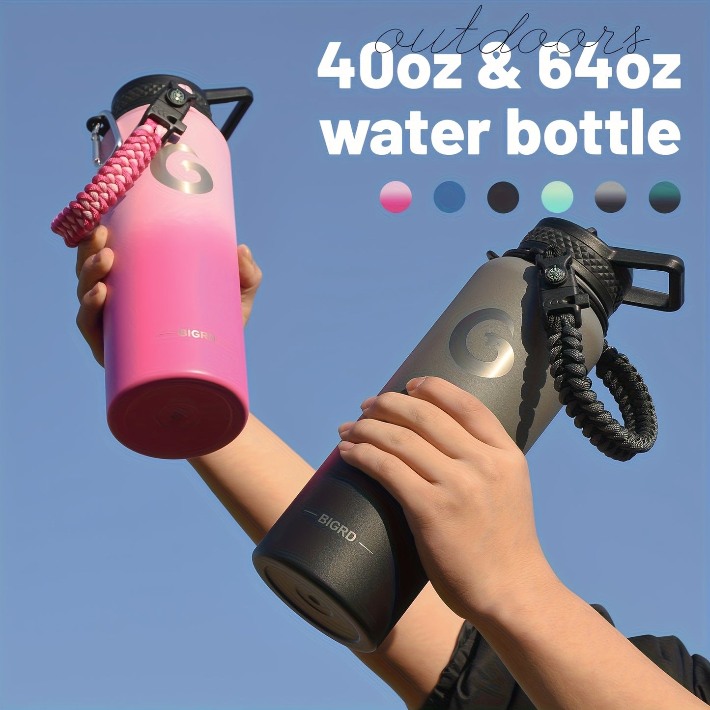 1pc BIGRD 40Oz 64Oz Insulated Water Bottle 304 Stainless Steel Spray Coating Dishwasher Safe, with 2 Lids, Sling Cup Sleeve, Hand-Held Braided Rope, Cup Brush, 2 Straws And Straw Brush, Color Box Packaging
