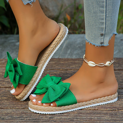 Sandálias rasas bege com laço para mulher - Sandálias de praia elegantes, antiderrapantes e com bico aberto, perfeitas para o verão. Sola em EVA confortável para looks casuais, férias e ocasiões informais.