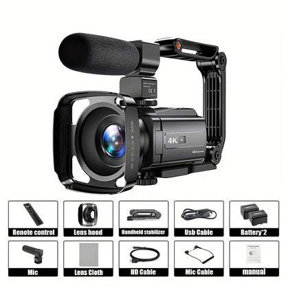 Flyfrost 4K 60FPS HD Camcorder with External Mic, 6D Stabilization & WIFI FPV Drone-like Camera, 48MP Photo/Video, 7.62cm Touch Screen, Auto Focus, 80° Lens, Remote Control, Compatible with PC/Mobile for Vlogging, YouTube Re