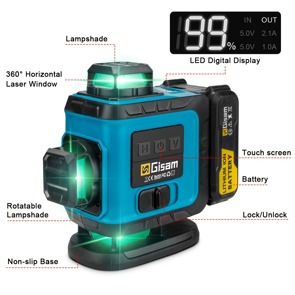 Gisam Multifunctional 16 Lines 4D Green Laser Level with Tripod & App Control, 360° Self-Leveling Horizontal & Vertical Cross Lines, USB & Battery Powered, Includes Carrying Case, Super-Powerful Beam, Portable Design for Ind