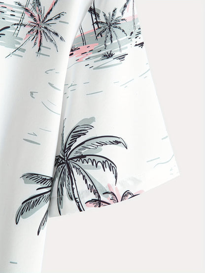 Camisa de homem de manga curta com estampado de coqueiros, ideal para o dia a dia em resorts e para a praia.