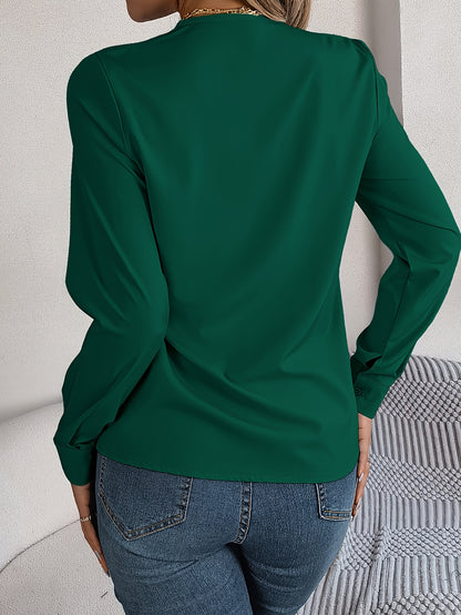 Women'S Elegant V-Neck Long Sleeve Shirt, Solid Color Polyester Blouse with Triple V-Cut, 95% Polyester 5% Elastane, Woven Fabric, 120g/m², for Spring/Summer/Fall - Adult