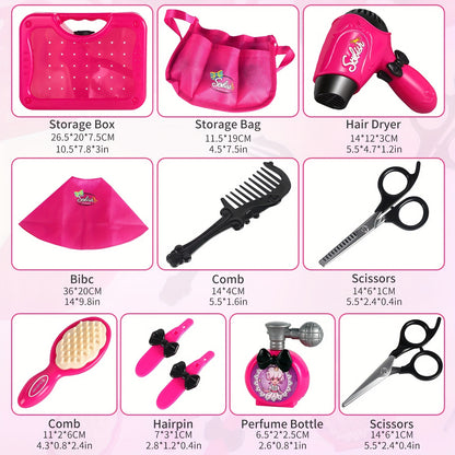 Girls Beauty Salon Set Pretend Play Stylist Hair Cutting Kit Hairdresser Toys With Hair Dryer, Scissors, Barber Apron And Styling Accessories (Not Real Hairdresser Toys, Hairdresser Toys Model)