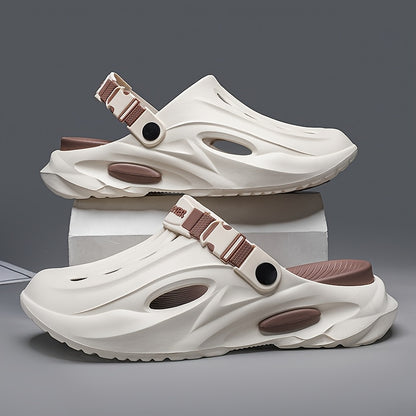 Sandálias de verão unissexo em EVA - Leves, respiráveis, antiderrapantes e confortáveis ​​para a praia, caminhadas e uso casual. Sola macia, bico aberto, design elegante em preto e branco. Calçado de verão | Material EVA