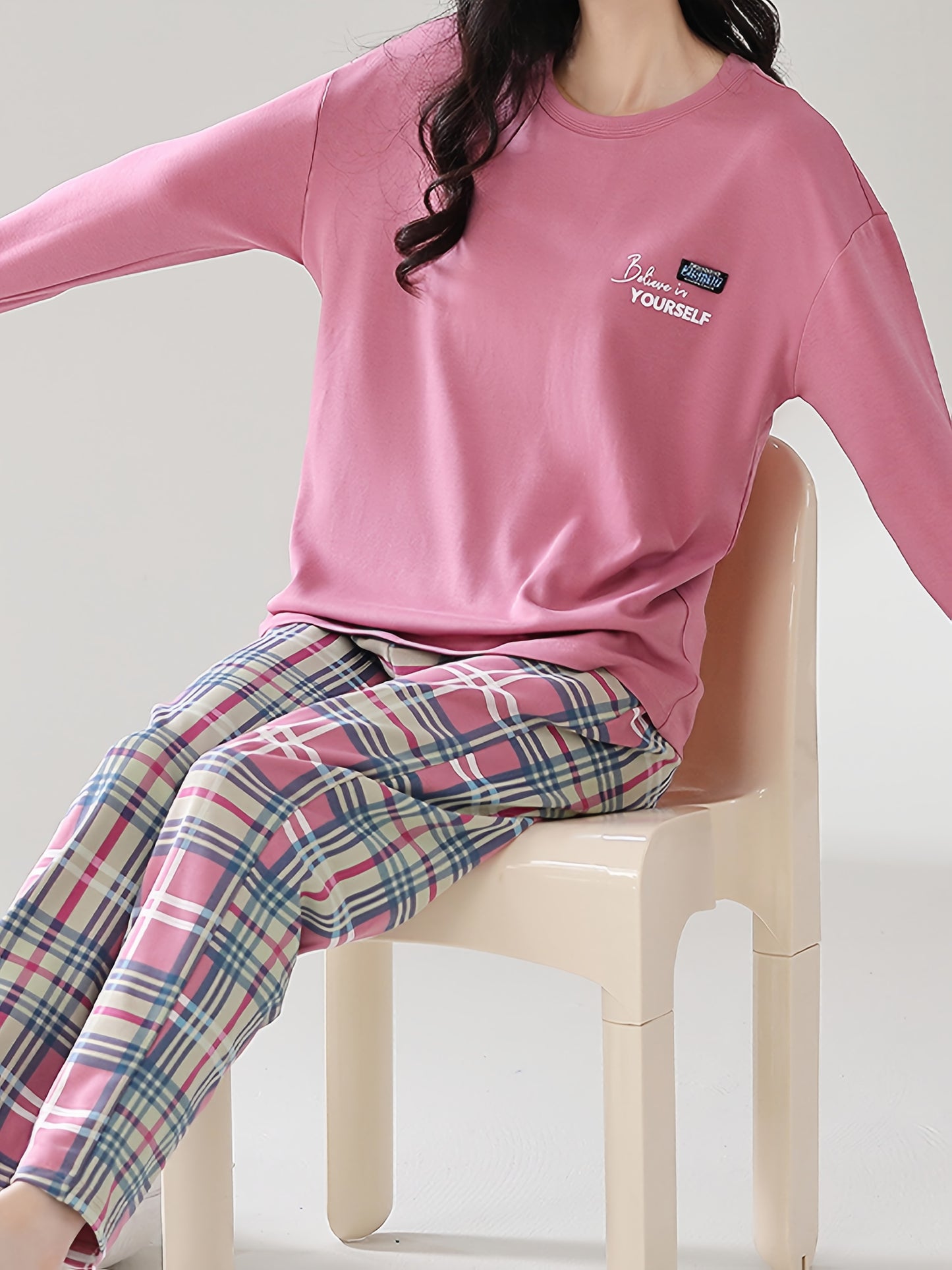 Women'S Cozy Pink Plaid Pajama Set - Long Sleeve Crew Neck Top & Wide-Leg Pants, Casual Fall/Winter Sleepwear, Soft & Comfortable, Perfect for Home or Relaxation, Relaxed Fit Pajamas | Plaid Pattern Pants | Soft Fabric Pants,