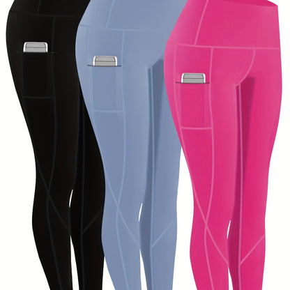 3pcs Set Women'S Plus Size Daily Sports Yoga Leggings, Geometric Pattern, High Stretch Spandex, Breathable, with Two Side Pockets, for Running, Workout