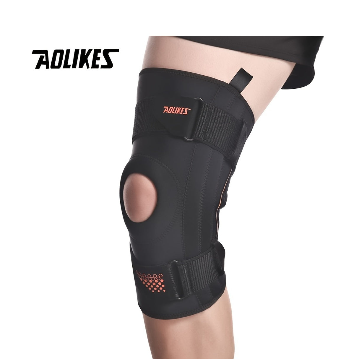 AOLIKES Unisex Spring-Loaded Knee Brace - Black with Orange Accents, Adjustable Straps & Breathable Design for Running, Sports, and Joint Support, Knee Brace for Running, Sports Knee Support, Sleek Knee Brace, Durable Knee Br