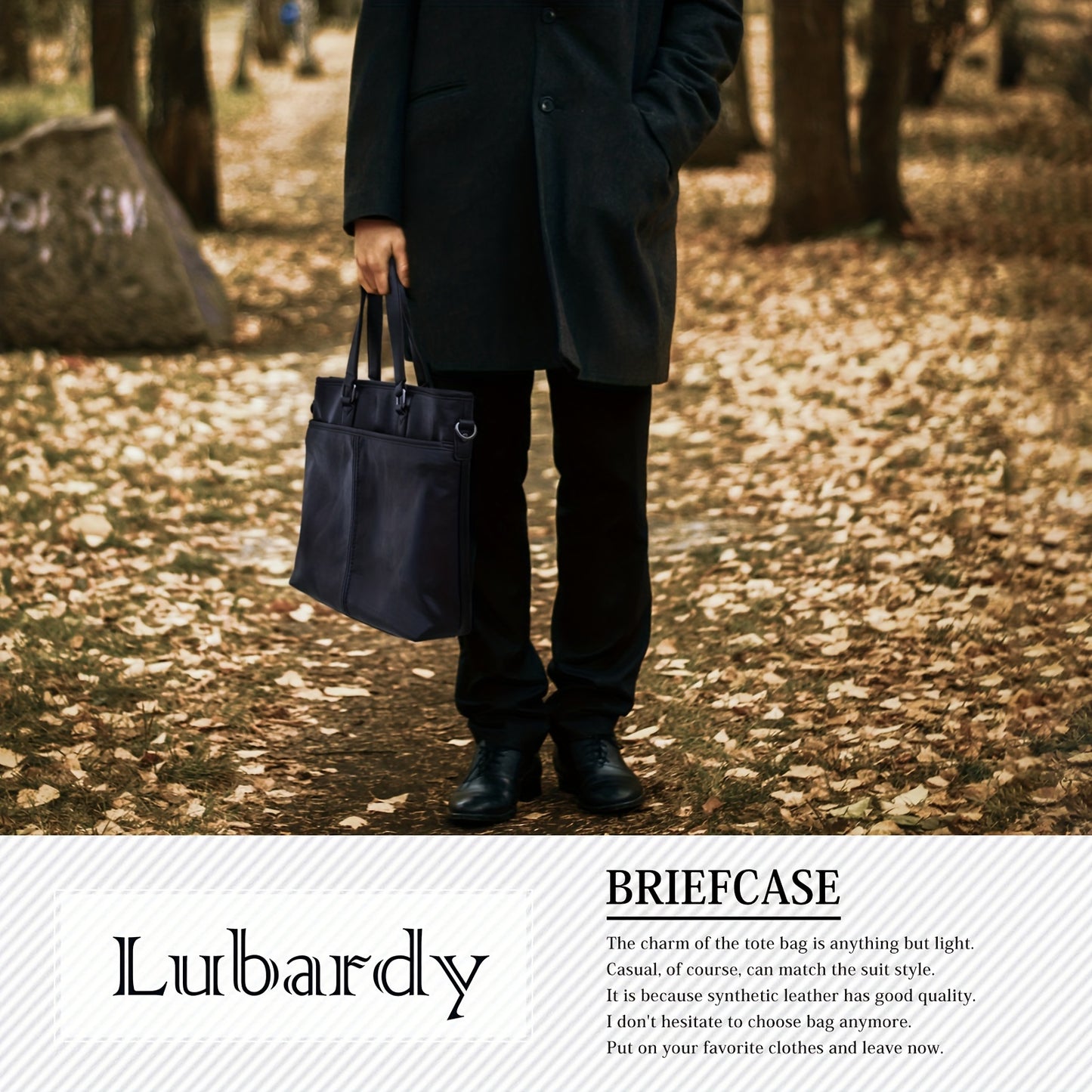 LUBARDY Men'S Business Handbag, Large Capacity B4 Two-way Synthetic Faux Leather Office Travel Commute Bag, Zipper Closure, Detachable Shoulder Strap, Polyester Lined, No Printing - Black/Brown, Navy Blue, Daily Commute Bag |